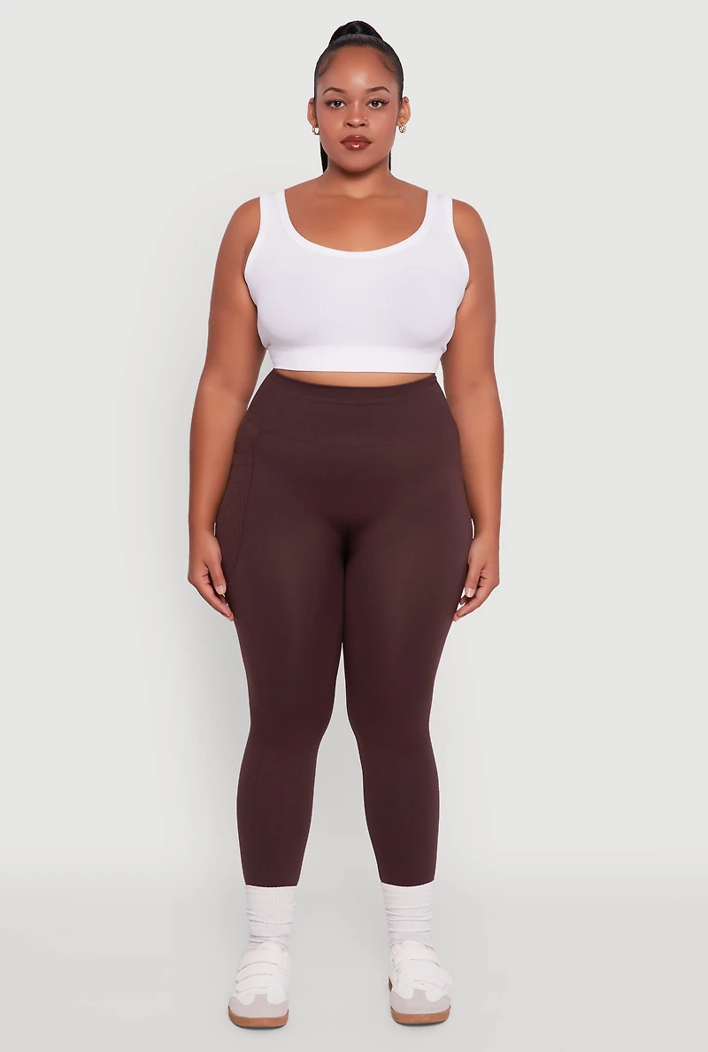 Womens Plus Textured Knit Detail High Waisted Leggings with Cell Pocket, 1X-2X