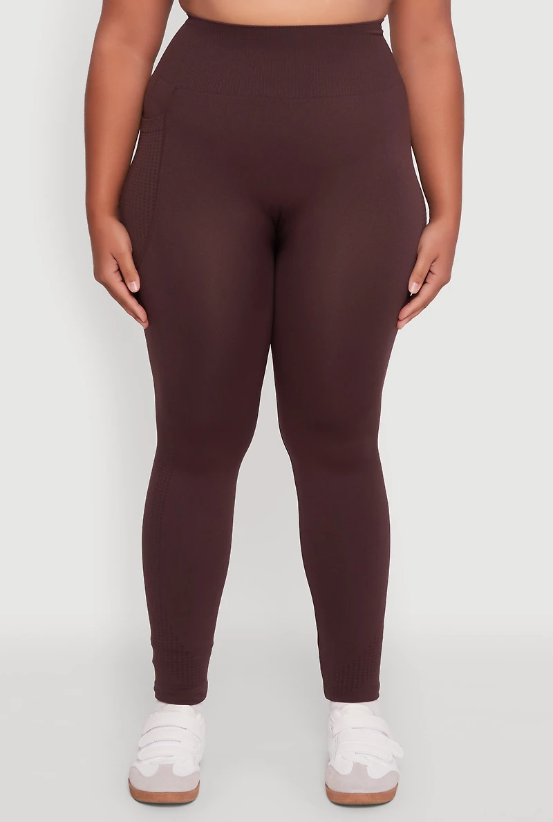 Womens Plus Textured Knit Detail High Waisted Leggings with Cell Pocket, 1X-2X