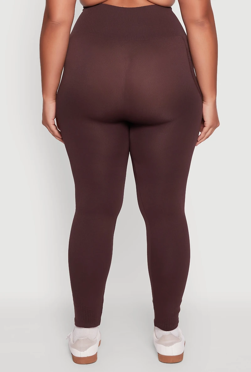 Womens Plus Textured Knit Detail High Waisted Leggings with Cell Pocket, 1X-2X