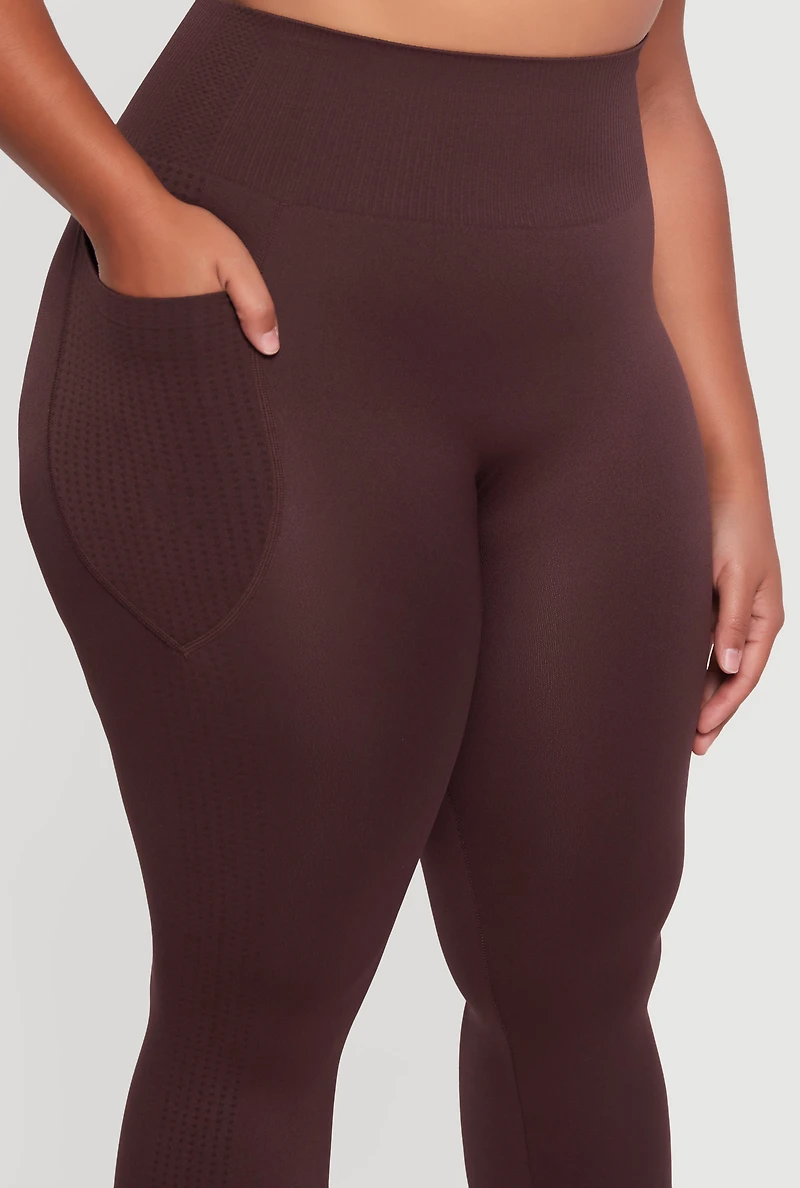 Womens Plus Textured Knit Detail High Waisted Leggings with Cell Pocket, 1X-2X