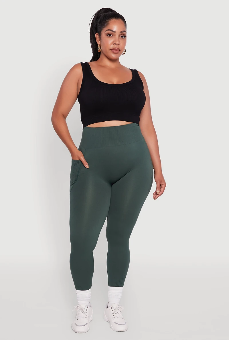 Plus Textured Knit Detail High Waisted Leggings with Cell Pocket