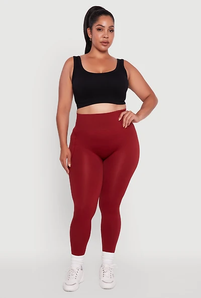 Womens Plus Size Textured Knit Detail High Waisted Leggings with Cell Pocket, Red, Size 2X-3X