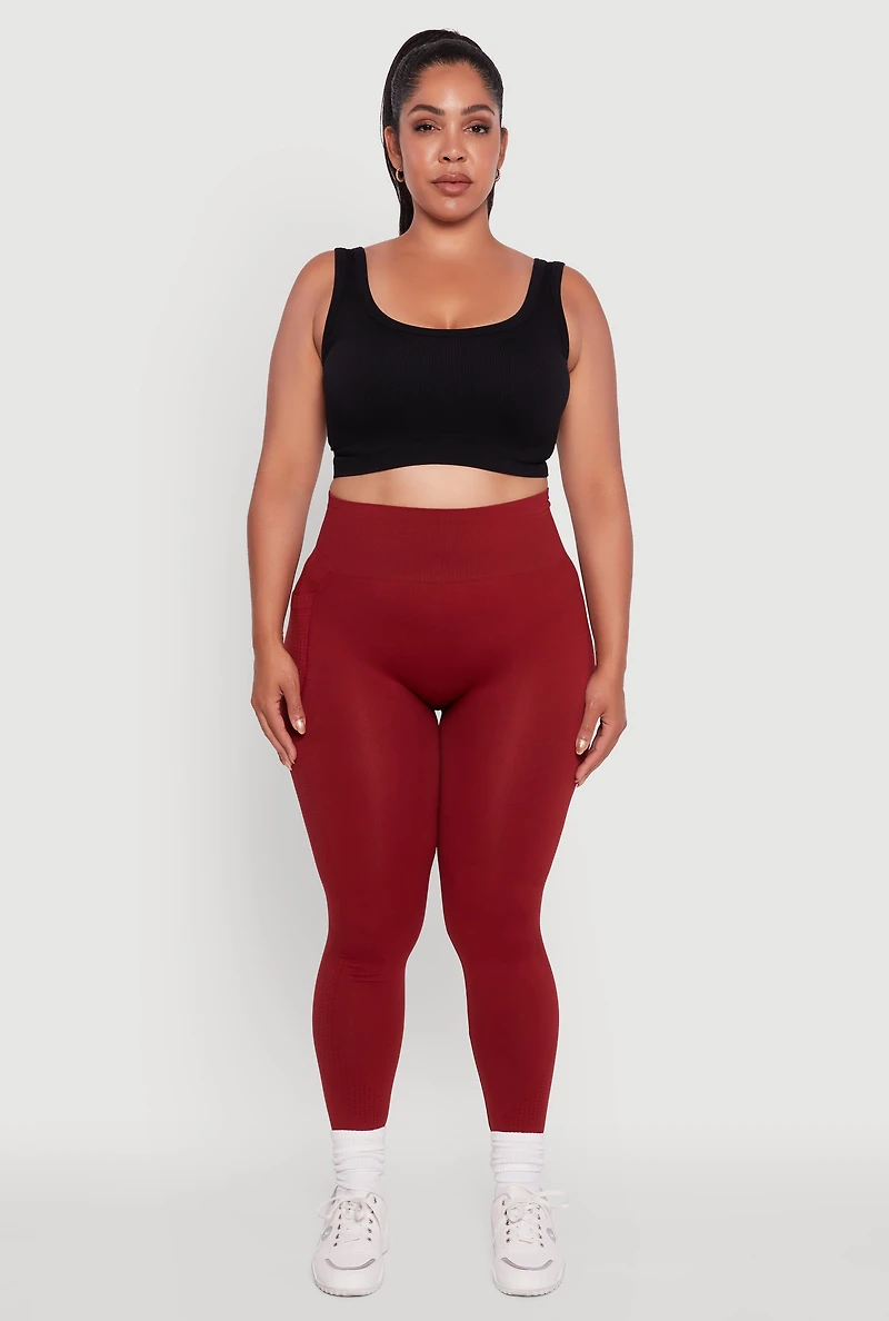 Plus Textured Knit Detail High Waisted Leggings with Cell Pocket