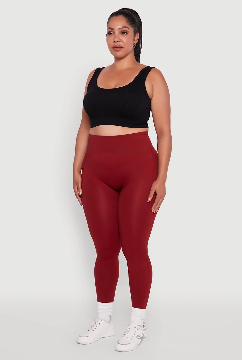 Womens Plus Size Textured Knit Detail High Waisted Leggings with Cell Pocket, Red, Size 2X-3X