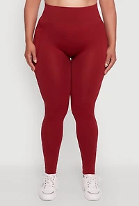 Womens Plus Size Textured Knit Detail High Waisted Leggings with Cell Pocket, Red, Size 2X-3X