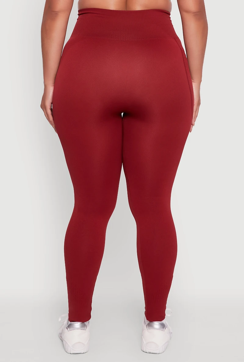 Womens Plus Size Textured Knit Detail High Waisted Leggings with Cell Pocket, Red, Size 2X-3X