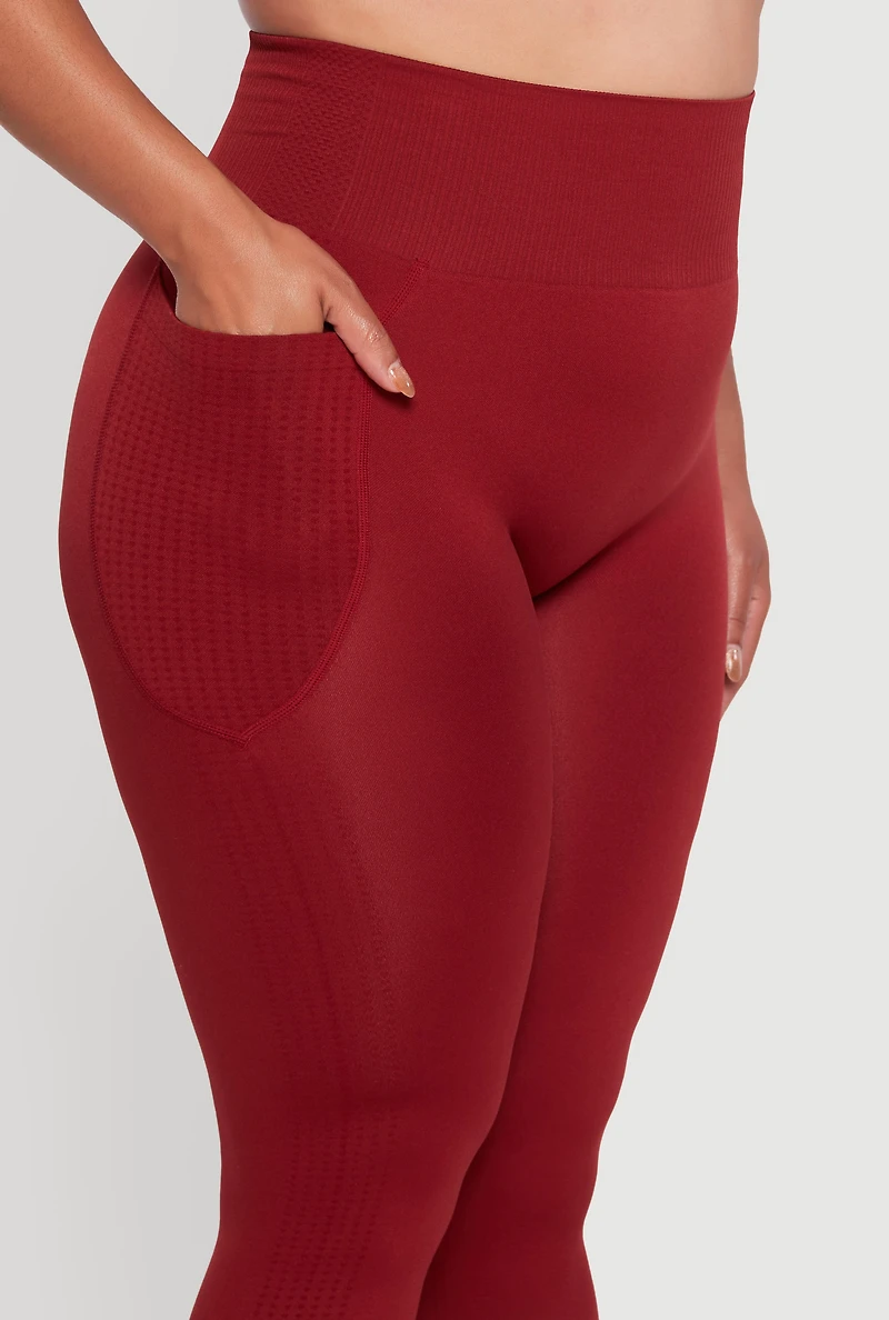 Womens Plus Size Textured Knit Detail High Waisted Leggings with Cell Pocket, Red, Size 2X-3X