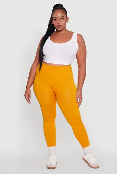 Plus Textured Knit Detail High Waisted Leggings with Cell Pocket