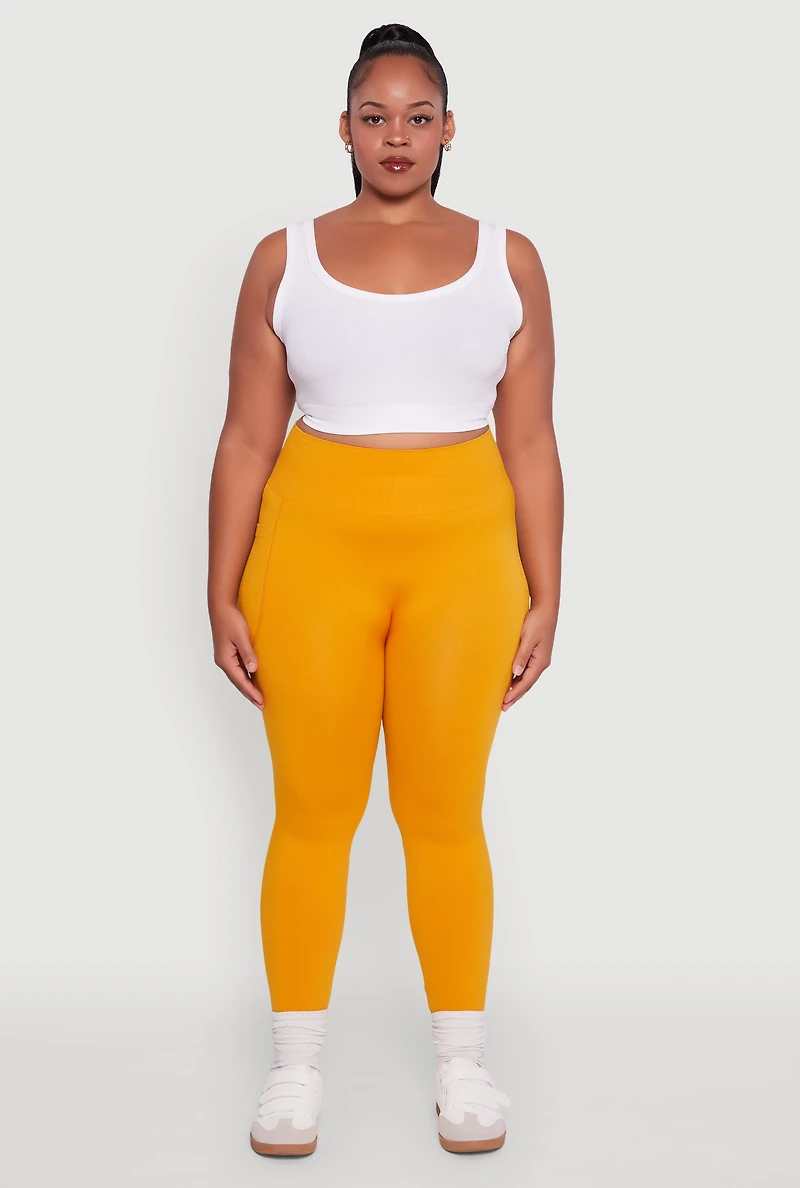 Plus Textured Knit Detail High Waisted Leggings with Cell Pocket