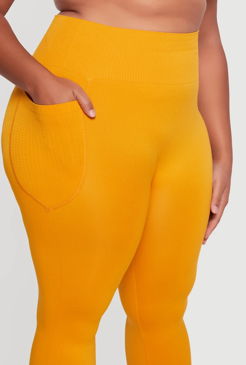 Plus Textured Knit Detail High Waisted Leggings with Cell Pocket