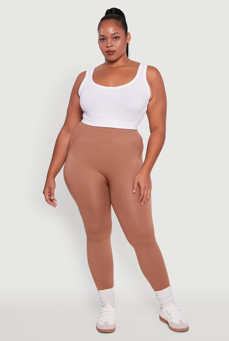 Womens Plus Size Seamless Stripe Detail Leggings, Brown, Size 2X-3X