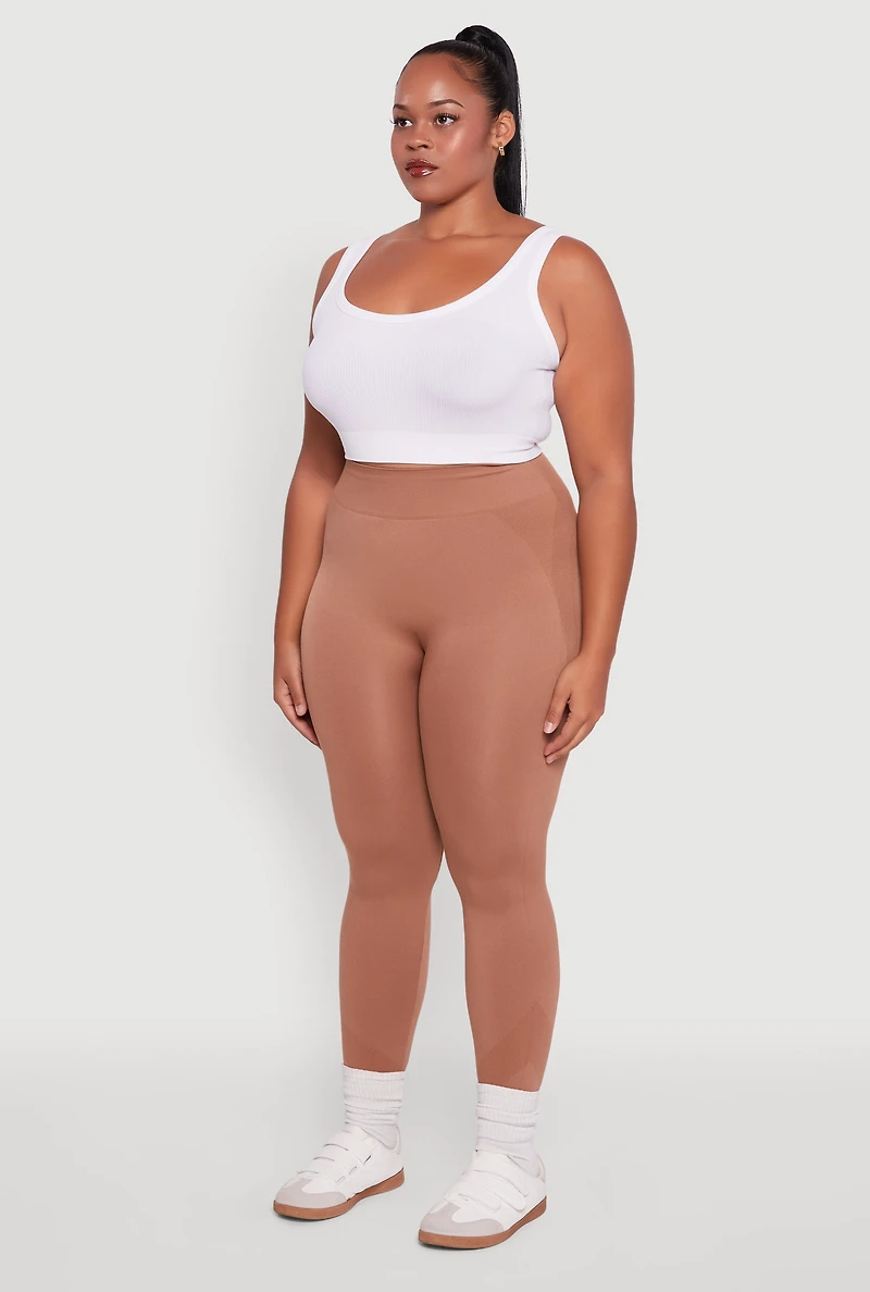 Womens Plus Size Seamless Stripe Detail Leggings, Brown, Size 2X-3X