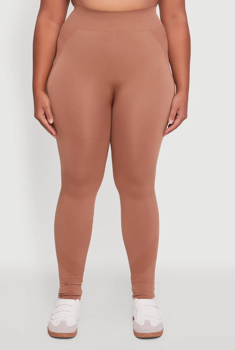 Womens Plus Size Seamless Stripe Detail Leggings, Brown, Size 2X-3X