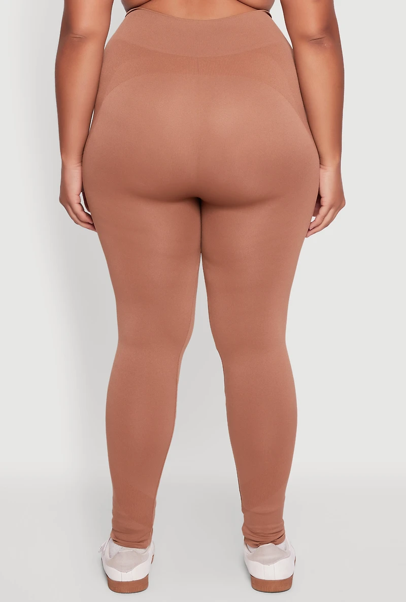 Womens Plus Size Seamless Stripe Detail Leggings, Brown, Size 2X-3X