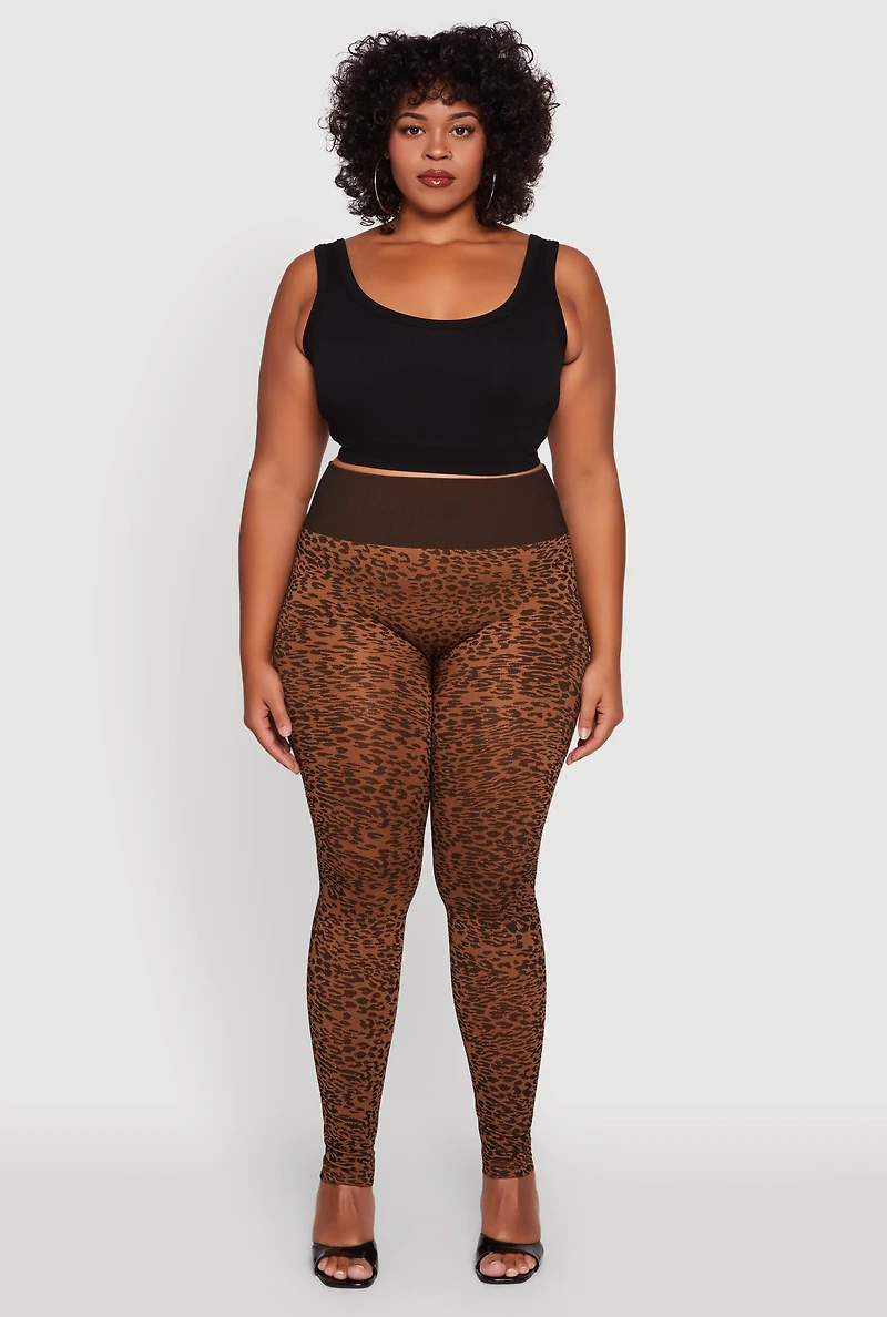 Womens Plus Size High Waisted Leopard Print Ribbed Knit Leggings, Brown, Size 2X-3X
