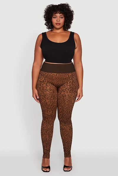 Womens Plus Size High Waisted Leopard Print Ribbed Knit Leggings, Brown, Size 2X-3X