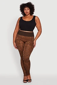 Womens Plus Size High Waisted Leopard Print Ribbed Knit Leggings, Brown, Size 2X-3X