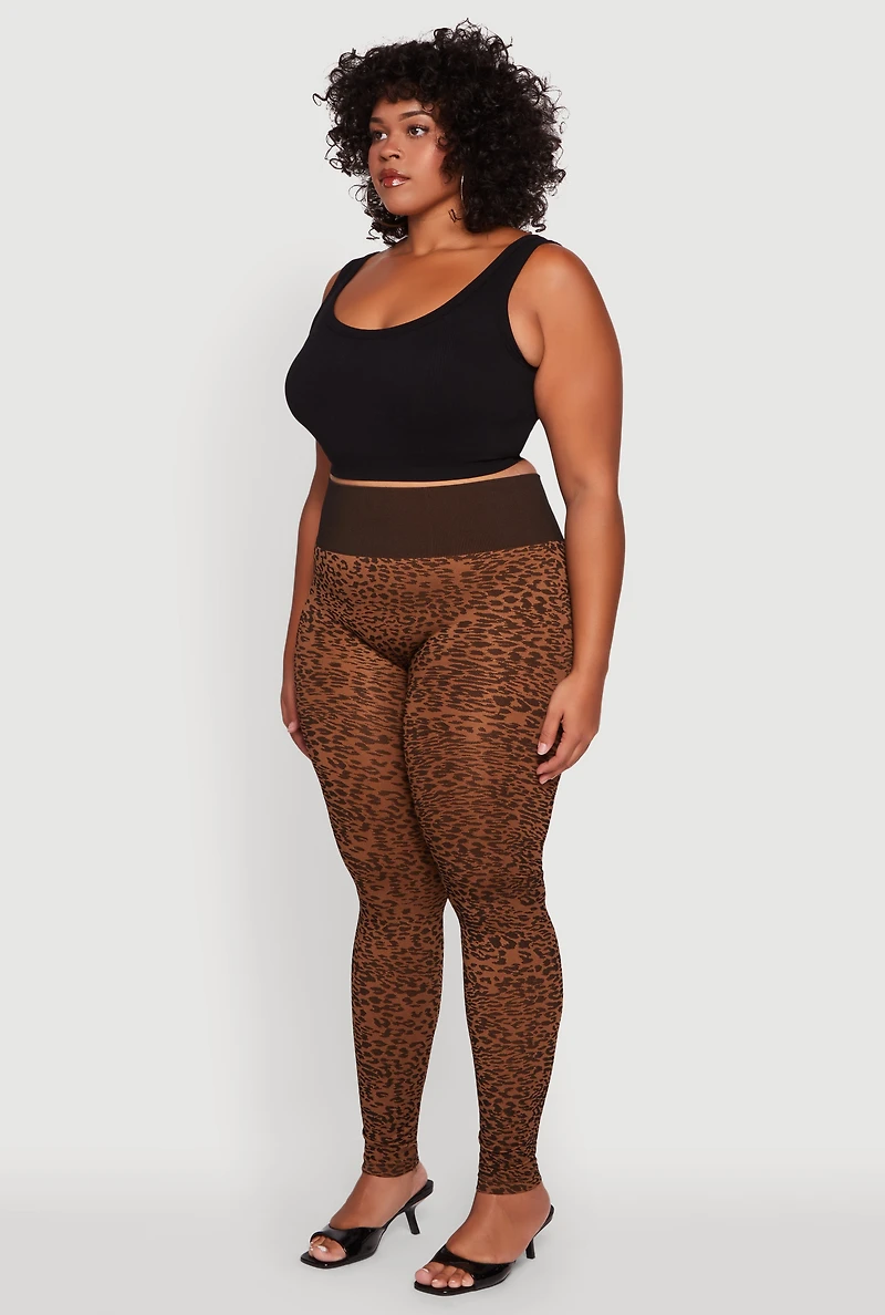 Womens Plus Size High Waisted Leopard Print Ribbed Knit Leggings, Brown, Size 2X-3X