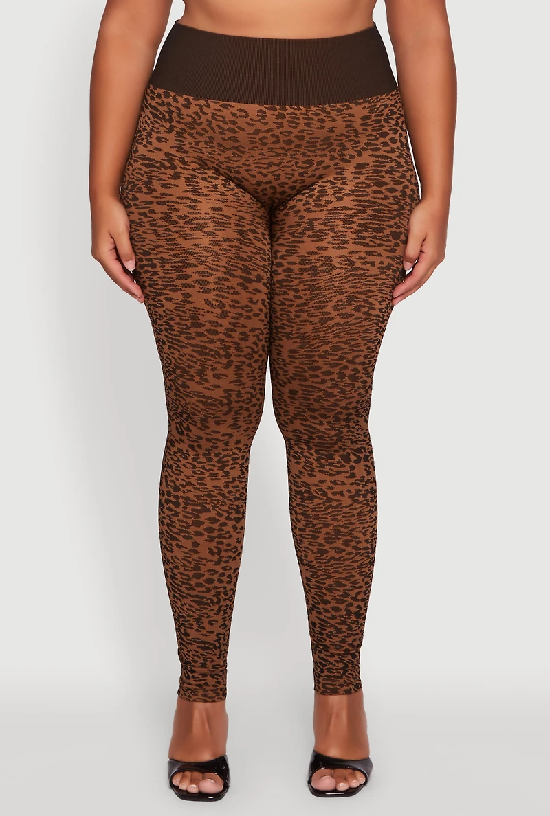 Womens Plus Size High Waisted Leopard Print Ribbed Knit Leggings, Brown, Size 2X-3X