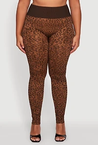 Womens Plus Size High Waisted Leopard Print Ribbed Knit Leggings, Brown, Size 2X-3X