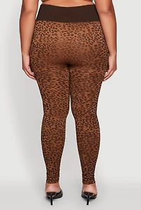 Womens Plus Size High Waisted Leopard Print Ribbed Knit Leggings, Brown, Size 2X-3X