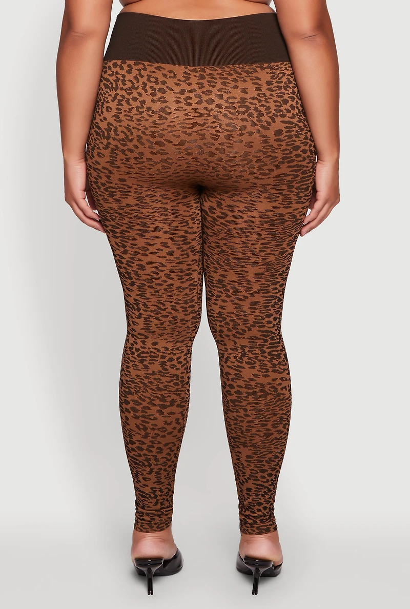 Womens Plus High Waisted Leopard Print Ribbed Knit Leggings, Brown,