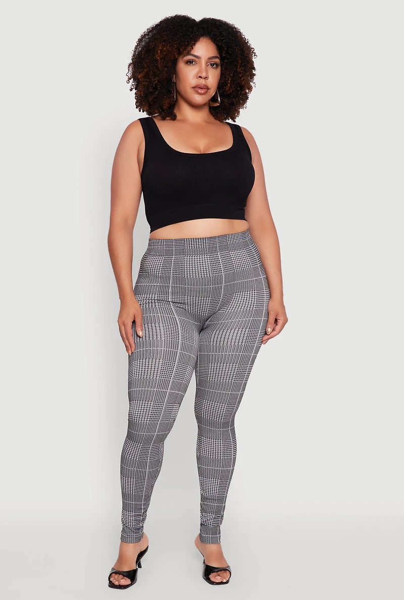 Womens Plus Size High Waisted Houndstooth Plaid Leggings, Grey, Size 1X-2X