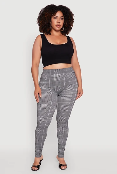 Womens Plus Size High Waisted Houndstooth Plaid Leggings, Grey, Size 2X-3X