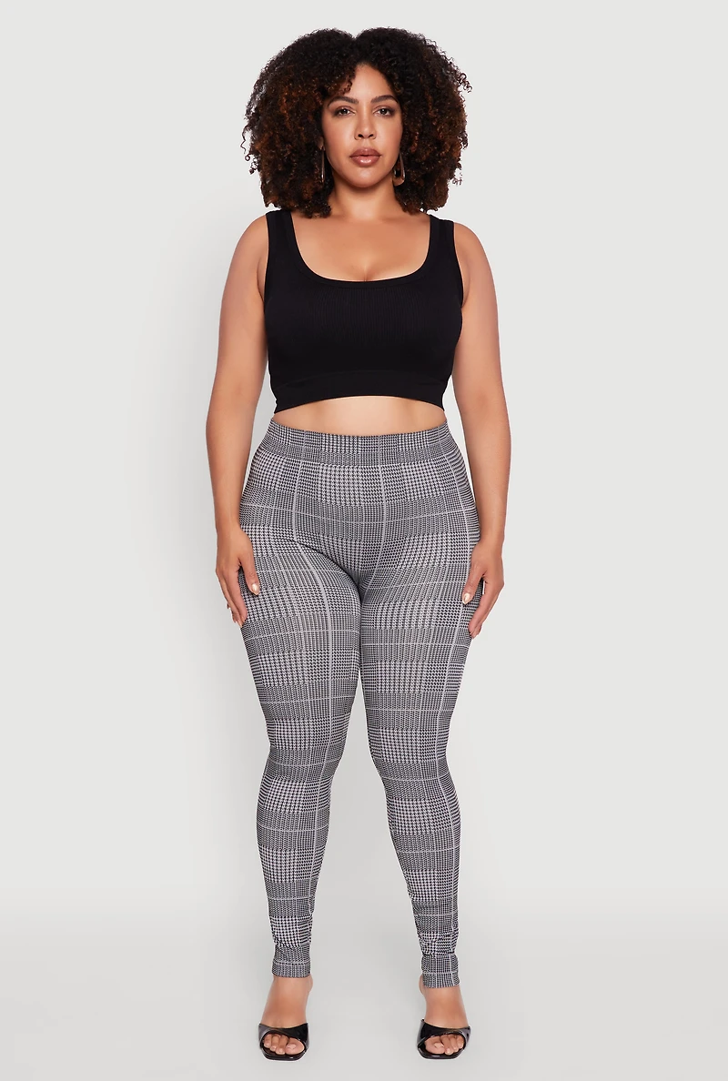 Womens Plus Size High Waisted Houndstooth Plaid Leggings, Grey, Size 2X-3X