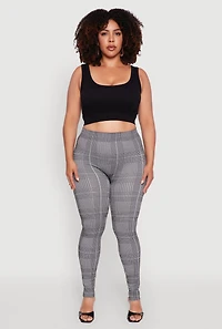 Womens Plus Size High Waisted Houndstooth Plaid Leggings, Grey, Size 2X-3X