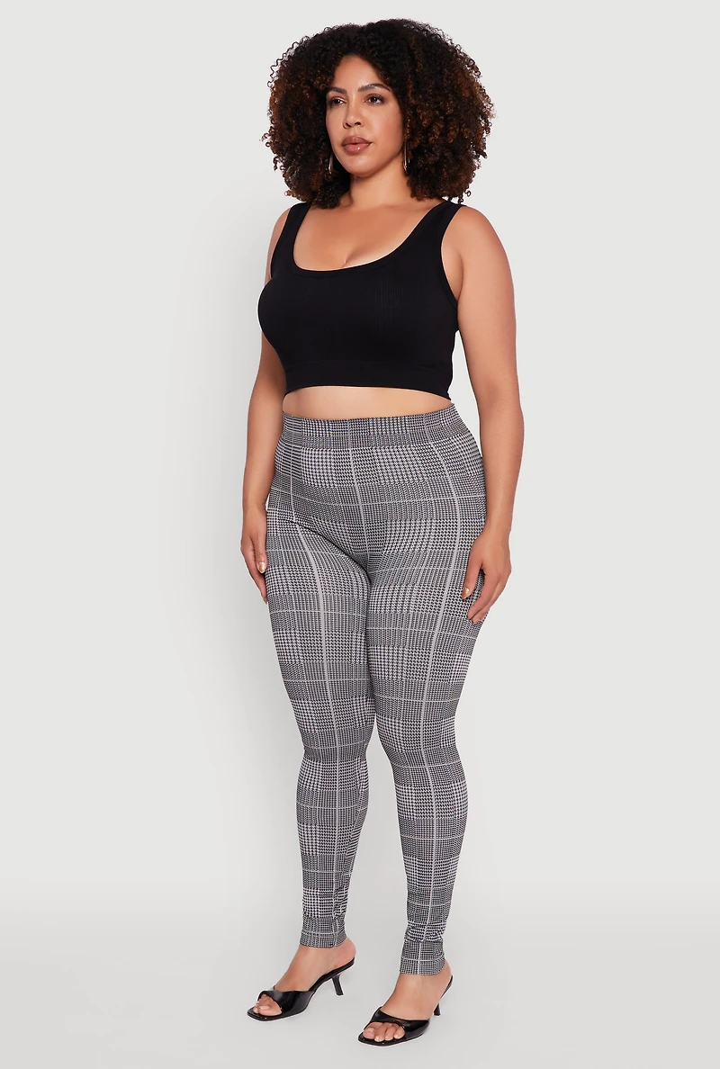 Womens Plus Size High Waisted Houndstooth Plaid Leggings, Grey, Size 2X-3X