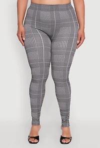 Womens Plus Size High Waisted Houndstooth Plaid Leggings, Grey, Size 2X-3X