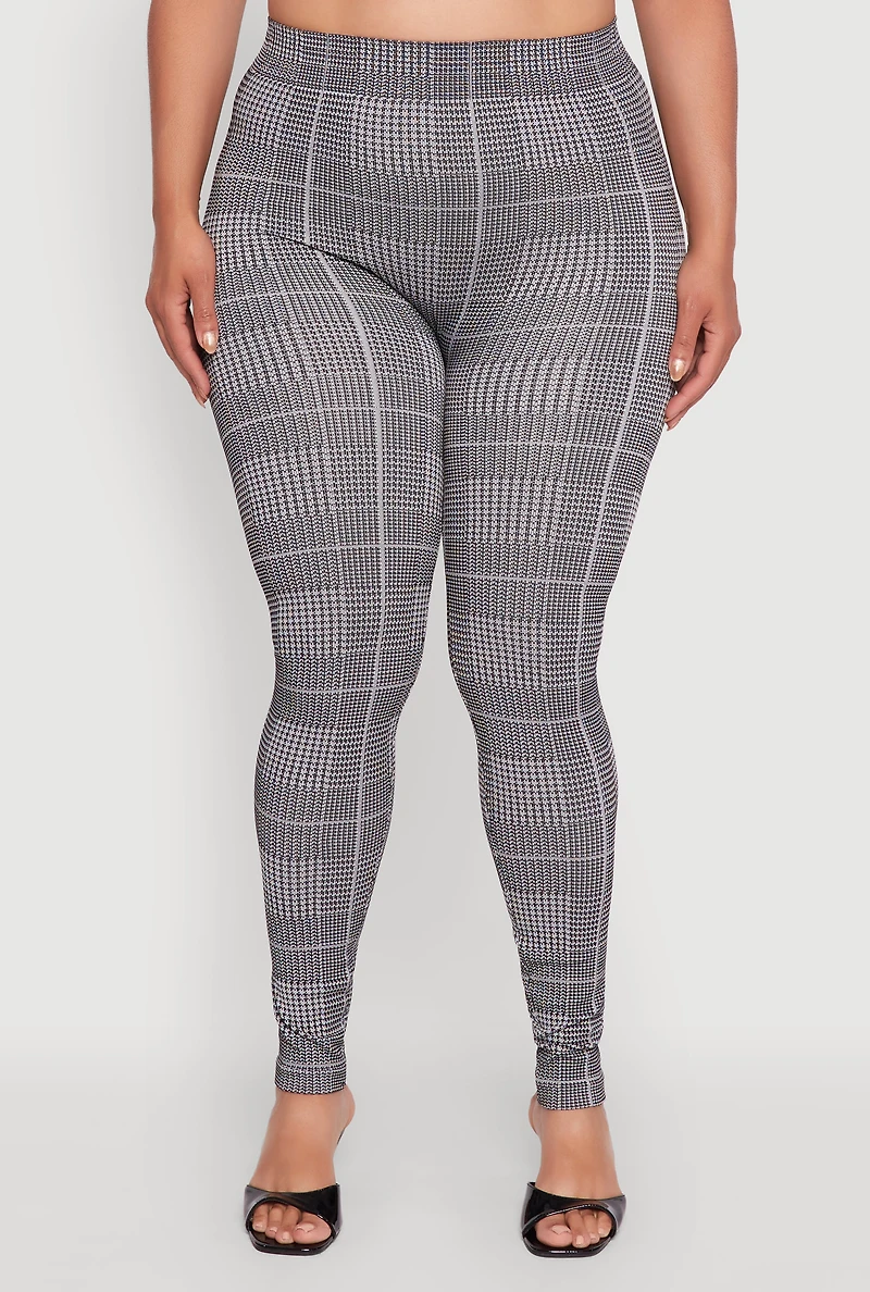 Womens Plus Size High Waisted Houndstooth Plaid Leggings, Grey, Size 1X-2X
