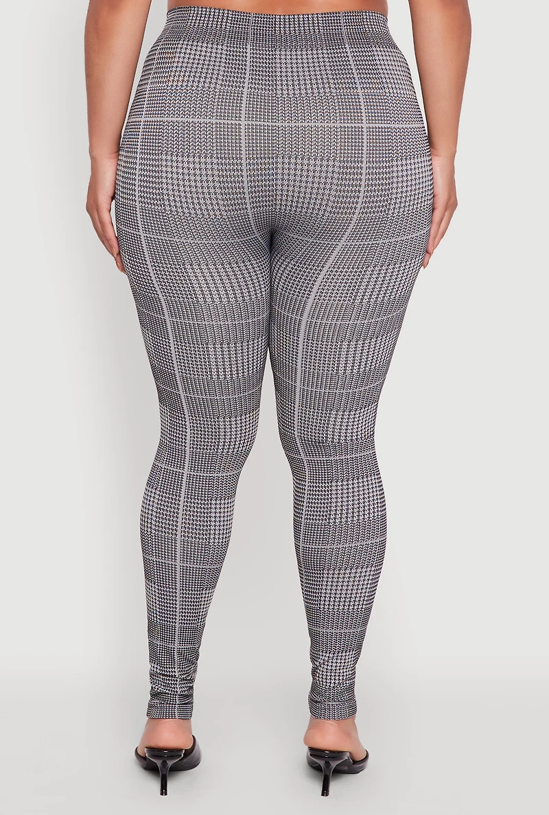 Womens Plus Size High Waisted Houndstooth Plaid Leggings, Grey, Size 2X-3X