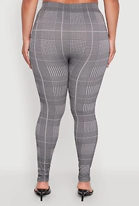 Womens Plus Size High Waisted Houndstooth Plaid Leggings, Grey, Size 2X-3X