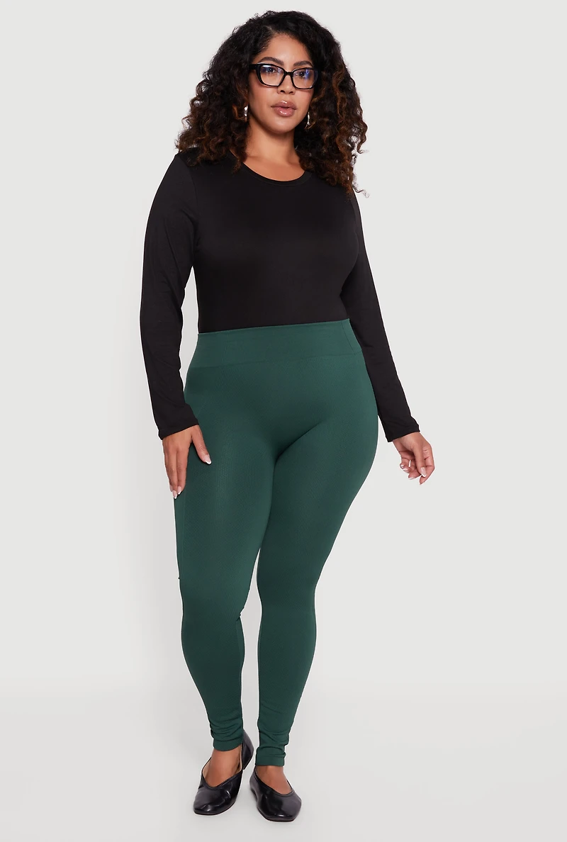 Womens Plus Size Seamless High Waisted Fleece Lined Leggings, Green, Size 2X-3X