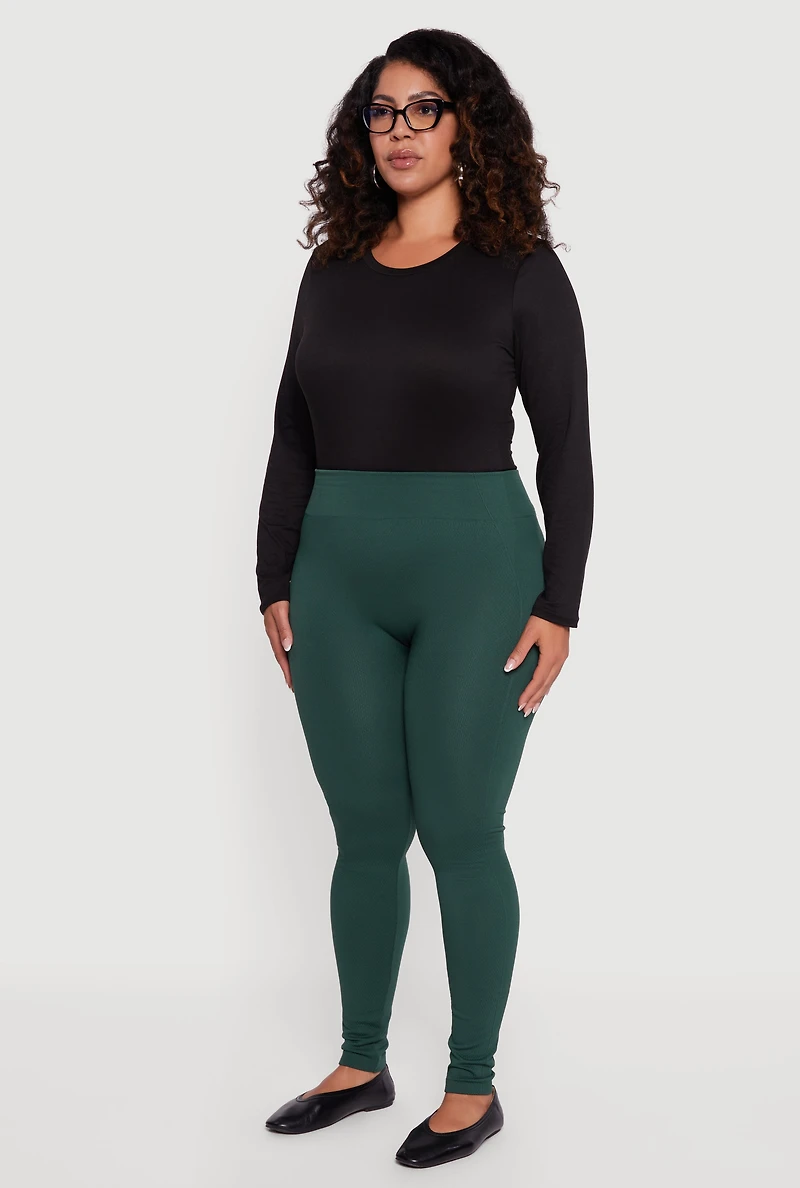 Womens Plus Size Seamless High Waisted Fleece Lined Leggings, Green, Size 2X-3X