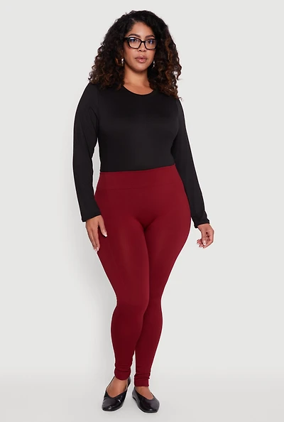 Womens Plus Size Seamless High Waisted Fleece Lined Leggings, Burgundy, Size 1X-2X