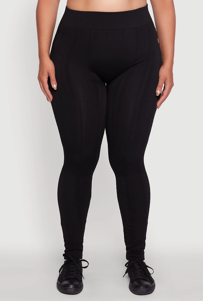 Womens Plus High Waisted Fleece Lined Textured Knit Leggings, 1X-2X