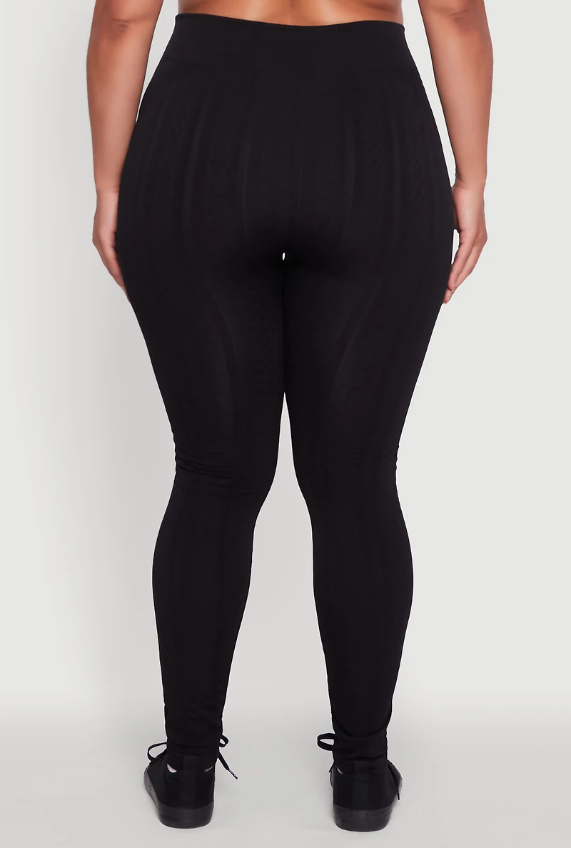 Womens Plus High Waisted Fleece Lined Textured Knit Leggings, 1X-2X