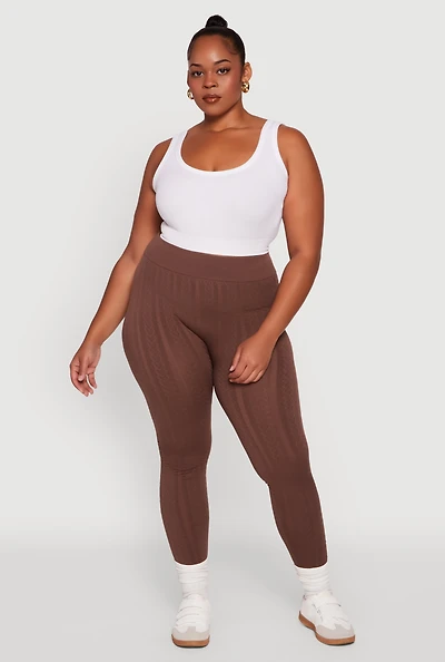 Womens Plus High Waisted Fleece Lined Textured Knit Leggings,