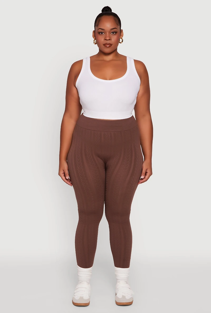 Womens Plus Size High Waisted Fleece Lined Textured Knit Leggings, Brown, Size 2X-3X