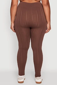 Womens Plus Size High Waisted Fleece Lined Textured Knit Leggings, Brown, Size 2X-3X
