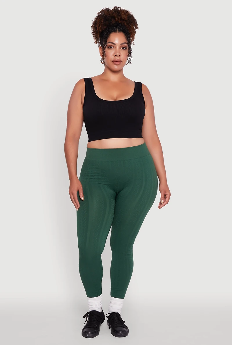 Womens Plus High Waisted Fleece Lined Textured Knit Leggings,