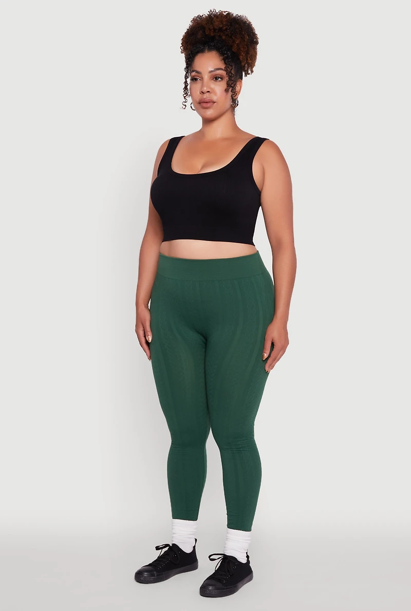 Womens Plus High Waisted Fleece Lined Textured Knit Leggings,