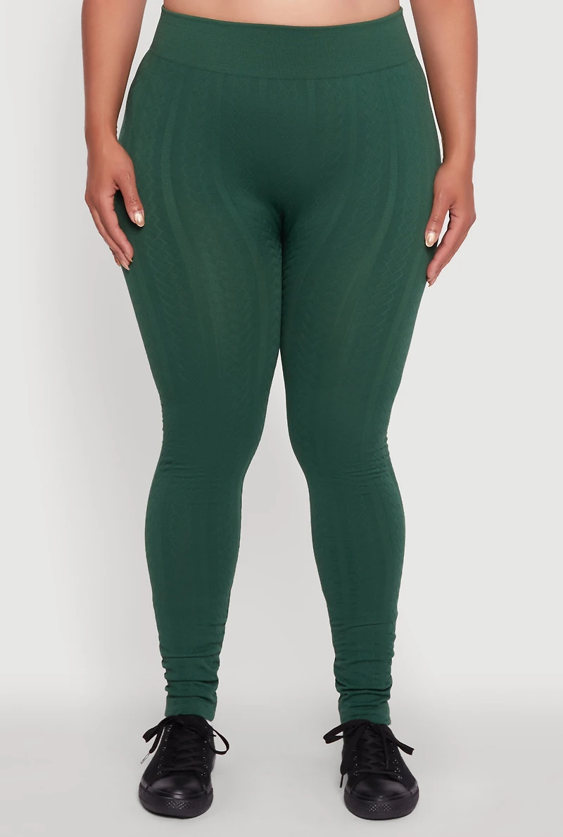 Womens Plus High Waisted Fleece Lined Textured Knit Leggings,