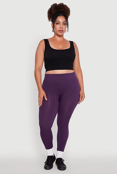 Womens Plus High Waisted Fleece Lined Textured Knit Leggings,