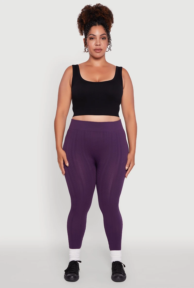 Womens Plus Size High Waisted Fleece Lined Textured Knit Leggings, Purple, Size 2X-3X