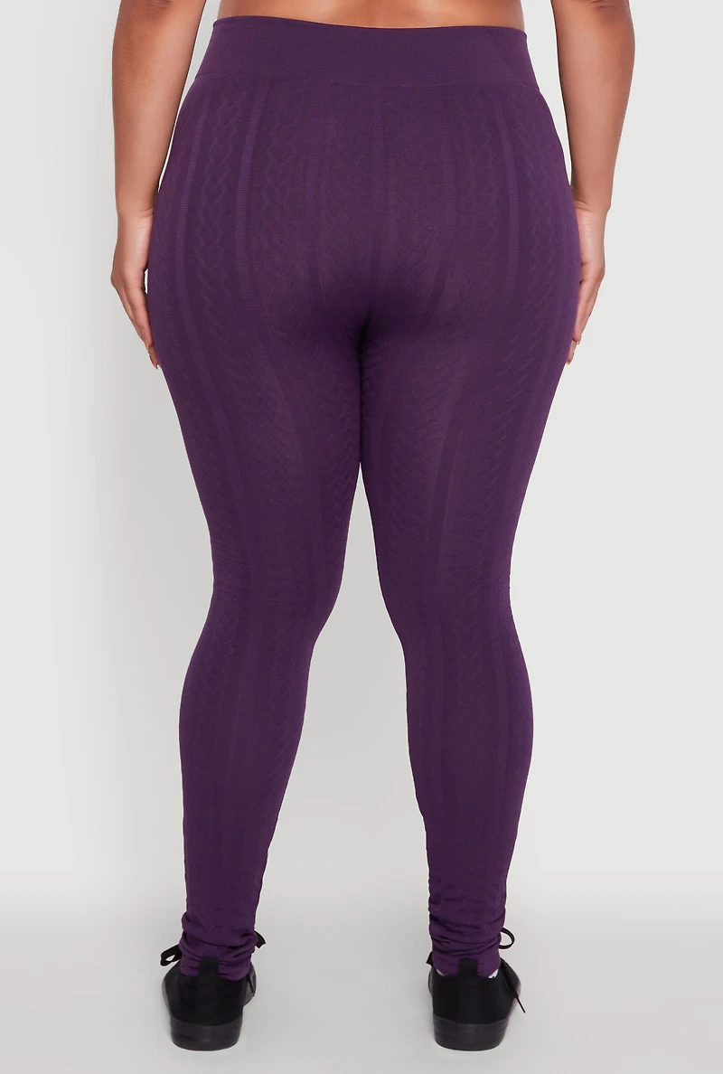 Womens Plus Size High Waisted Fleece Lined Textured Knit Leggings, Purple, Size 2X-3X