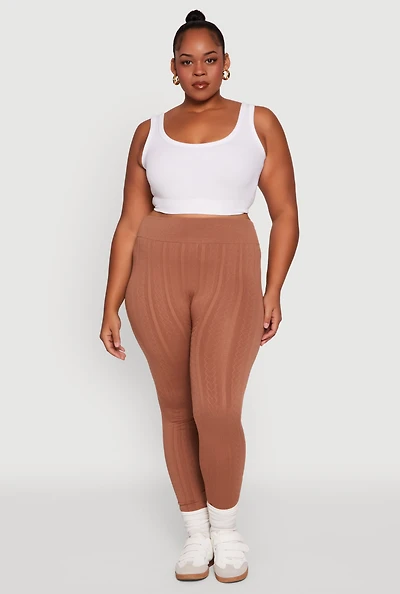 Womens Plus High Waisted Fleece Lined Textured Knit Leggings,